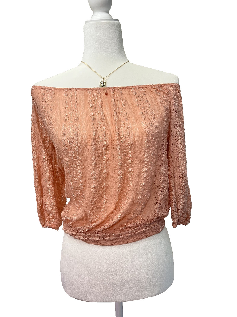 Women's Rue 21 Size Medium Coral/Orange Off Shoulder Blouse Sheer Made in USA
